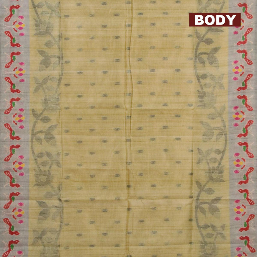Semi jute silk saree lime yellow and grey shade with woven buttas and printed border - {{ collection.title }} by Prashanti Sarees