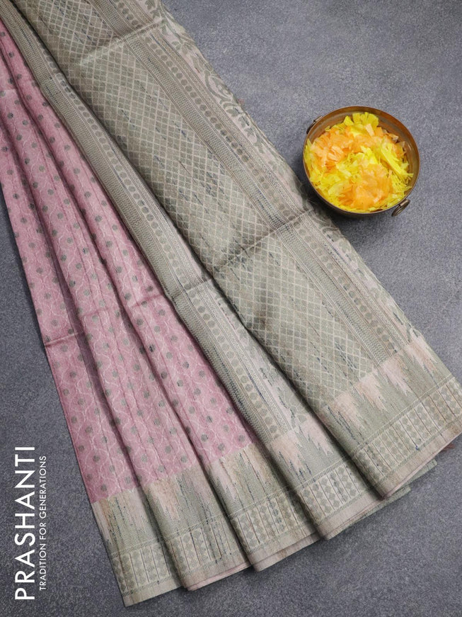 Semi jute silk saree mauve pink and grey with allover self emboss & zari buttas and woven border - {{ collection.title }} by Prashanti Sarees