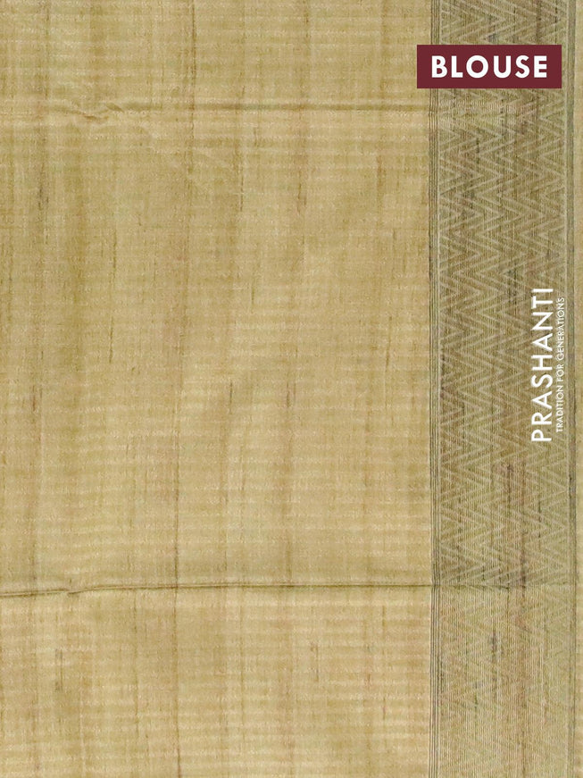 Semi jute silk saree olive green and grey shade with allover batik prints and temple design woven border - {{ collection.title }} by Prashanti Sarees