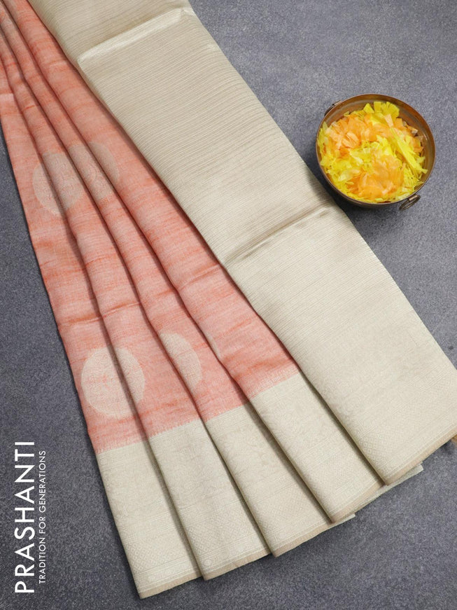 Semi jute silk saree orange and sandal with silver zari woven buttas and silver zari woven border - {{ collection.title }} by Prashanti Sarees