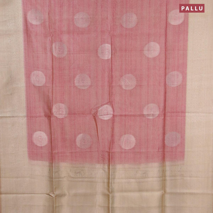 Semi jute silk saree pastel pink and sandal with silver zari woven buttas and silver zari woven border - {{ collection.title }} by Prashanti Sarees