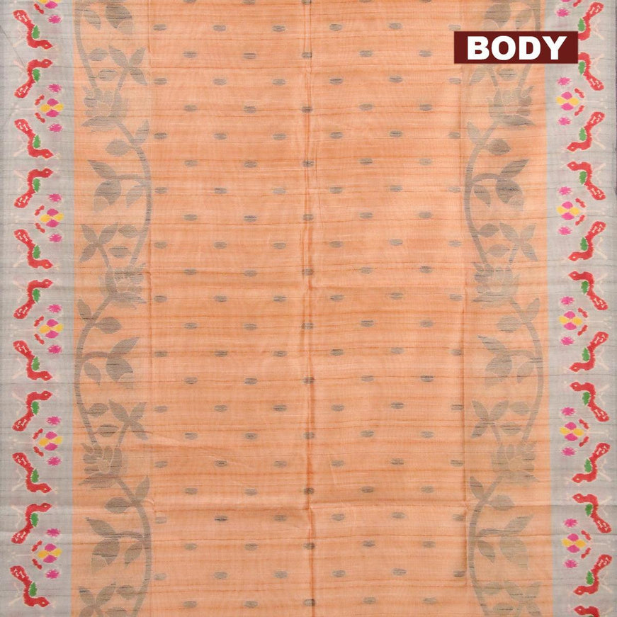 Semi jute silk saree peach orange and grey shade with woven buttas and printed border - {{ collection.title }} by Prashanti Sarees