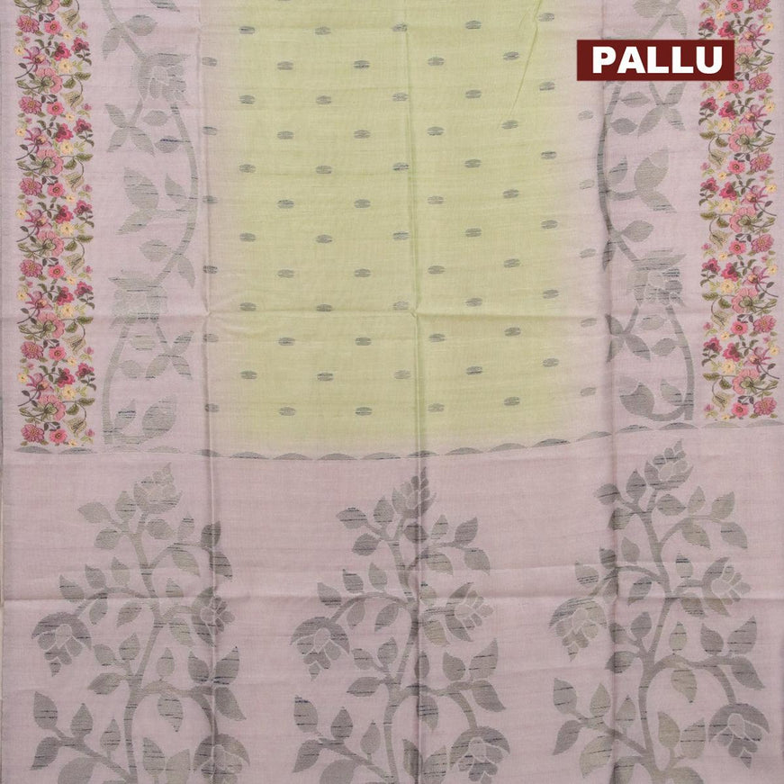 Semi jute silk saree pista green and grey with allover woven buttas and floral printed border - {{ collection.title }} by Prashanti Sarees