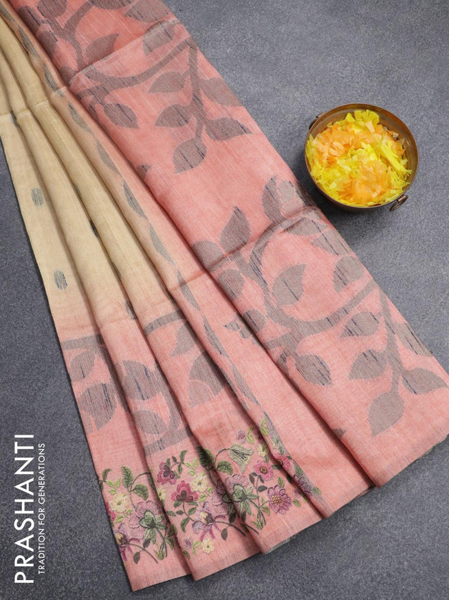 Semi jute silk saree sandal and peach orange with allover woven buttas and floral printed border - {{ collection.title }} by Prashanti Sarees