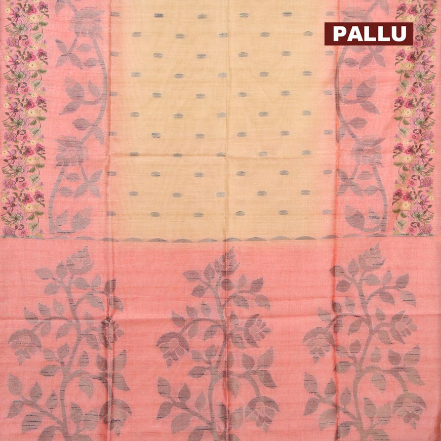 Semi jute silk saree sandal and peach orange with allover woven buttas and floral printed border - {{ collection.title }} by Prashanti Sarees