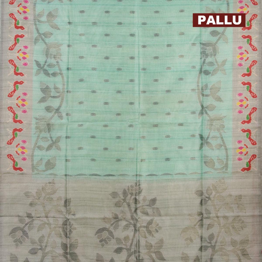 Semi jute silk saree teal blue and grey shade with woven buttas and printed border - {{ collection.title }} by Prashanti Sarees