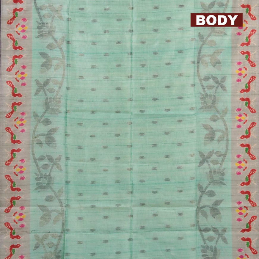 Semi jute silk saree teal green and grey shade with woven buttas and printed border - {{ collection.title }} by Prashanti Sarees