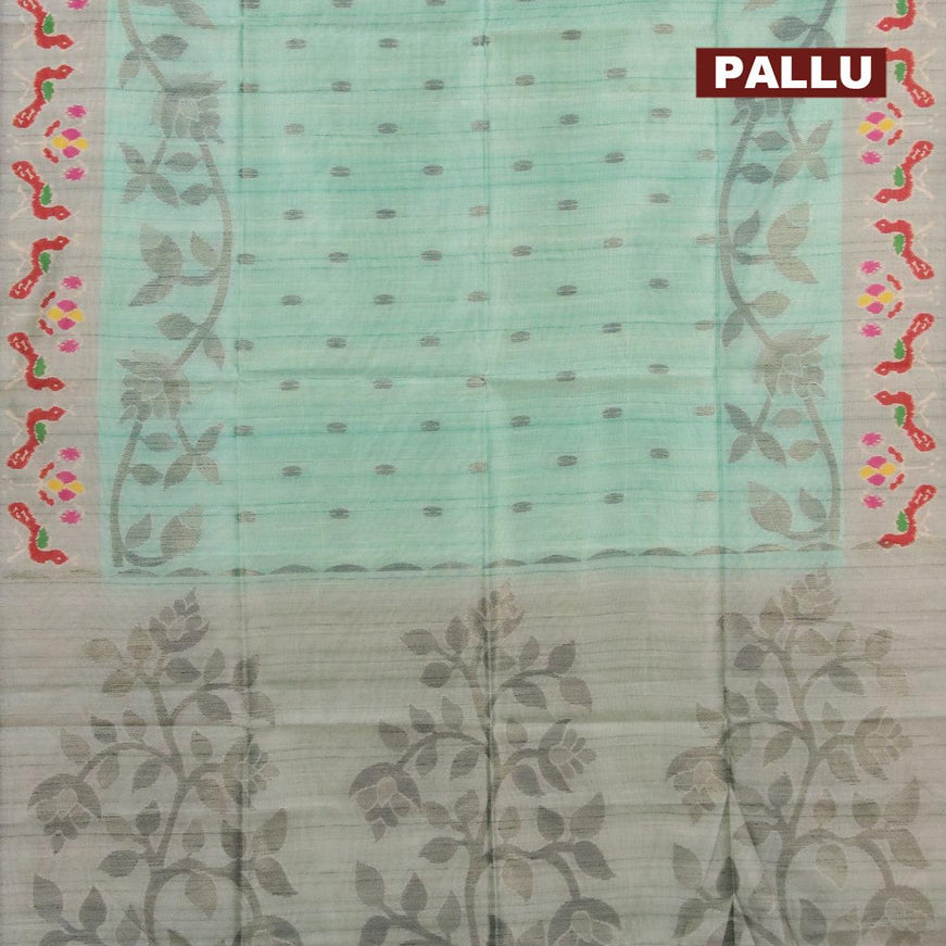 Semi jute silk saree teal green and grey shade with woven buttas and printed border - {{ collection.title }} by Prashanti Sarees