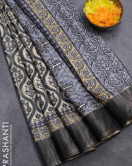 Semi matka saree beige and grey with allover prints and zari woven border - {{ collection.title }} by Prashanti Sarees