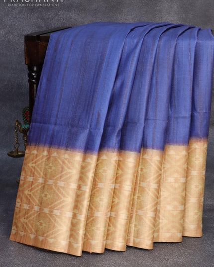Semi matka saree blue and mustard shade with plain body and zari woven ikat style border - {{ collection.title }} by Prashanti Sarees