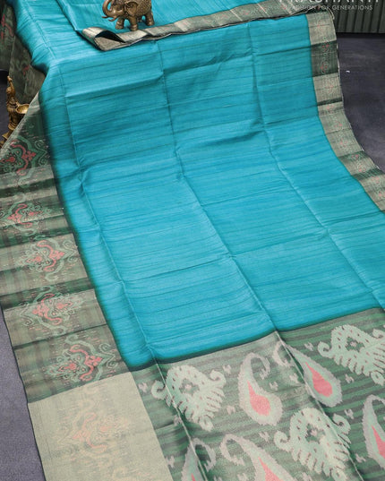 Semi matka saree cs blue and sap green shade with plain body and zari woven ikat style border - {{ collection.title }} by Prashanti Sarees