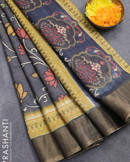Semi matka saree elephant grey and lime yellow with allover floral prints and zari woven border - {{ collection.title }} by Prashanti Sarees