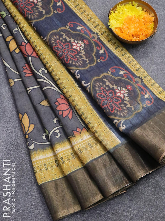 Semi matka saree elephant grey and lime yellow with allover floral prints and zari woven border - {{ collection.title }} by Prashanti Sarees