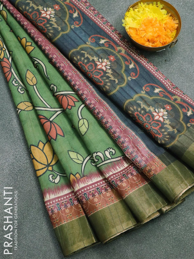 Semi matka saree green and mauve pink with allover floral prints and zari woven border - {{ collection.title }} by Prashanti Sarees