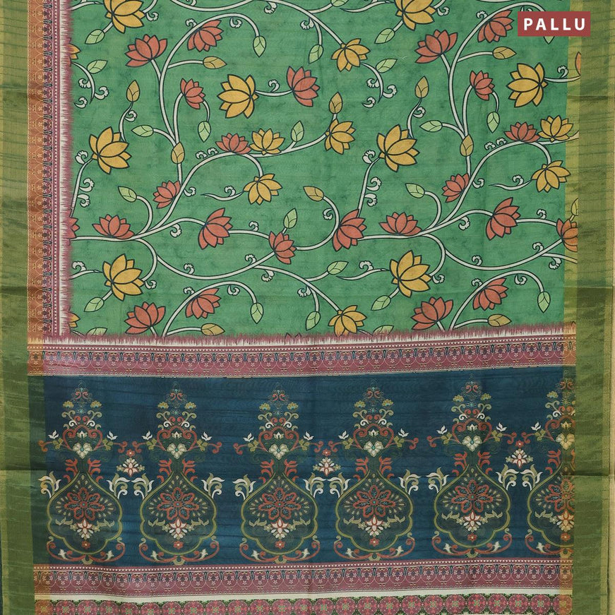 Semi matka saree green and mauve pink with allover floral prints and zari woven border - {{ collection.title }} by Prashanti Sarees