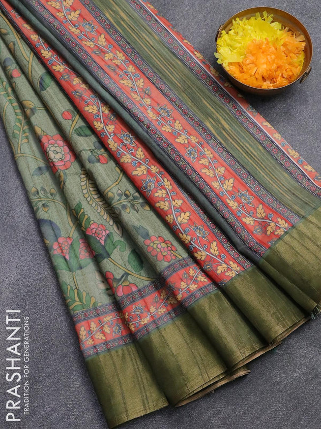 Semi matka saree green shade and orange with allover kalamkari prints and zari woven border - {{ collection.title }} by Prashanti Sarees