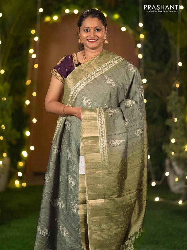 Semi matka saree grey and green shade with leaf butta prints & french knot work and zari woven border - {{ collection.title }} by Prashanti Sarees