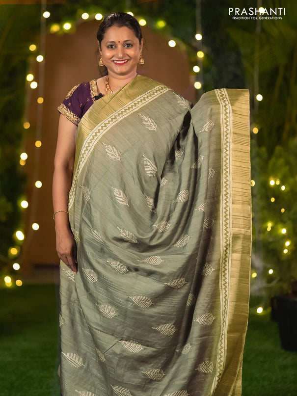 Semi matka saree grey and green shade with leaf butta prints & french knot work and zari woven border - {{ collection.title }} by Prashanti Sarees