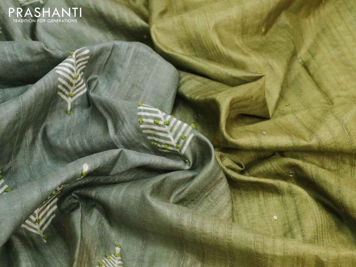 Semi matka saree grey and green shade with leaf butta prints & french knot work and zari woven border - {{ collection.title }} by Prashanti Sarees