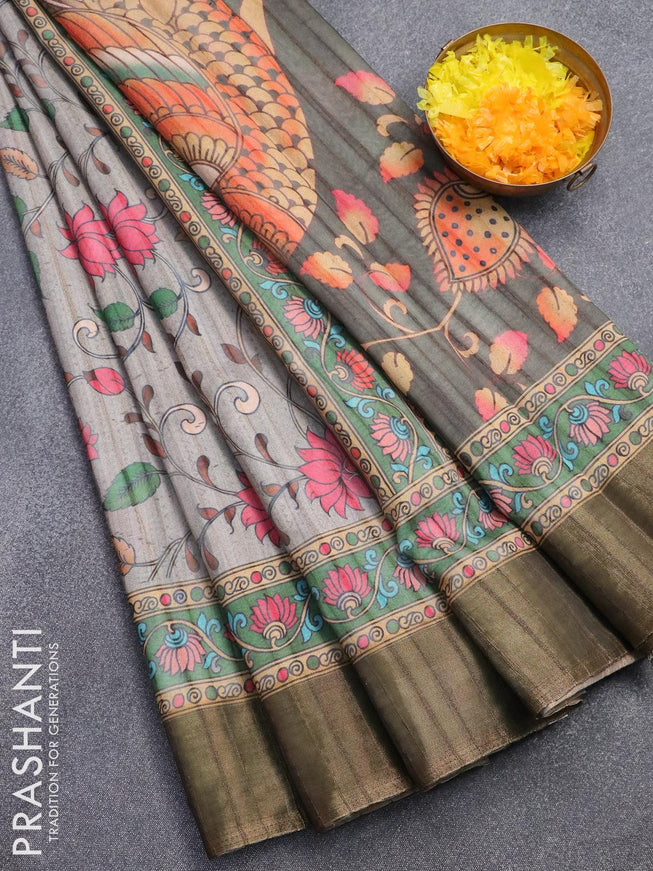 Semi matka saree grey and green with allover floral prints and zari woven border - {{ collection.title }} by Prashanti Sarees