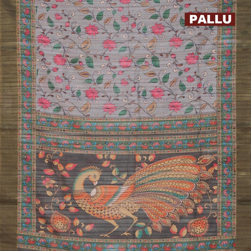 Semi matka saree grey and green with allover floral prints and zari woven border - {{ collection.title }} by Prashanti Sarees