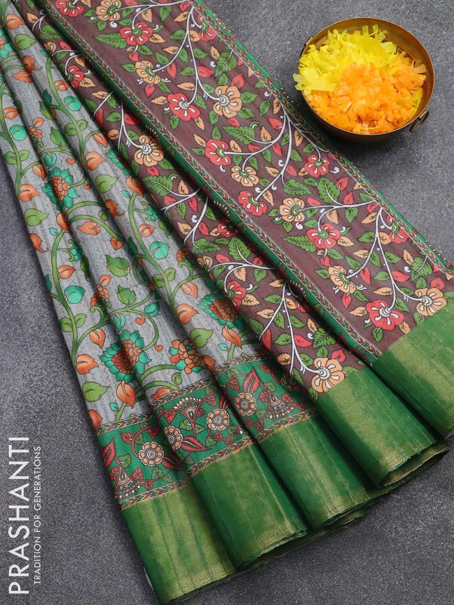 Semi matka saree grey and green with allover kalamkari prints and zari woven border - {{ collection.title }} by Prashanti Sarees