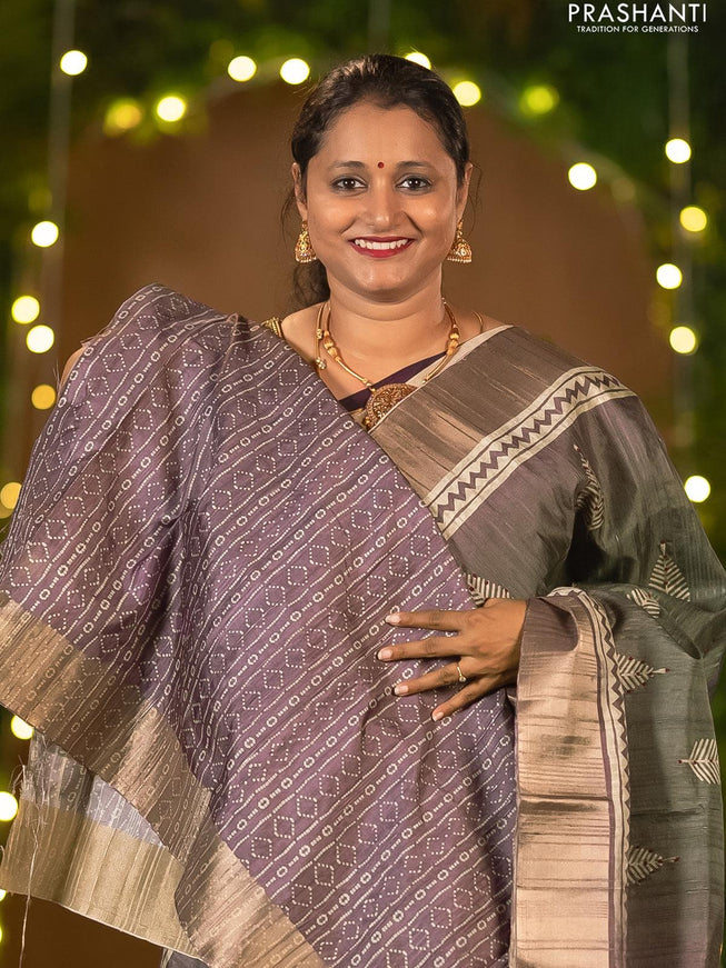 Semi matka saree grey and mild purple shade with leaf butta prints & french knot work and zari woven border - {{ collection.title }} by Prashanti Sarees