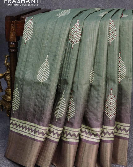 Semi matka saree grey and mild purple shade with leaf butta prints & french knot work and zari woven border - {{ collection.title }} by Prashanti Sarees