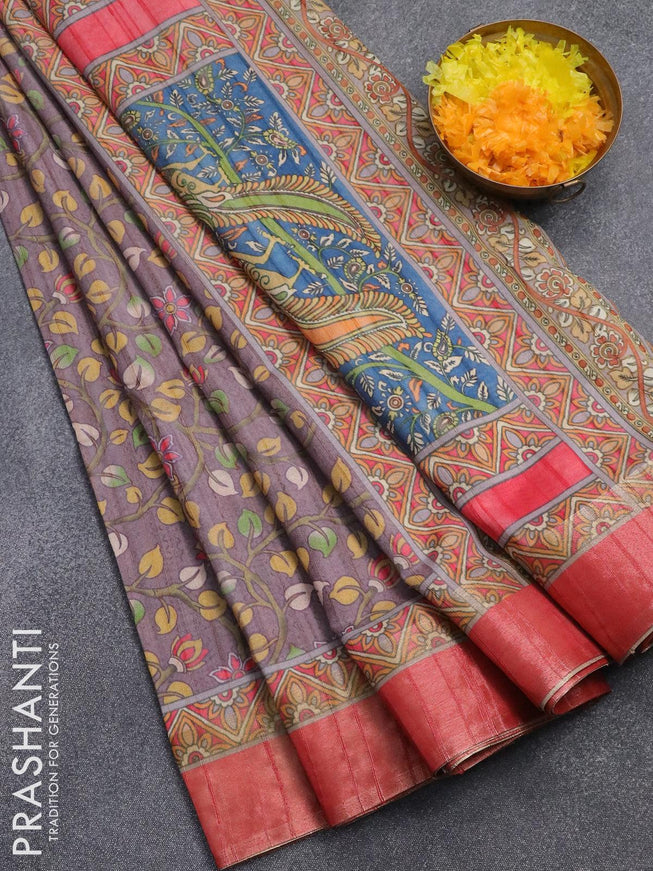 Semi matka saree grey and red with allover floral prints and zari woven border - {{ collection.title }} by Prashanti Sarees