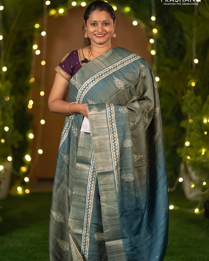 Semi matka saree grey shade and blue with leaf butta prints & french knot work and zari woven border - {{ collection.title }} by Prashanti Sarees