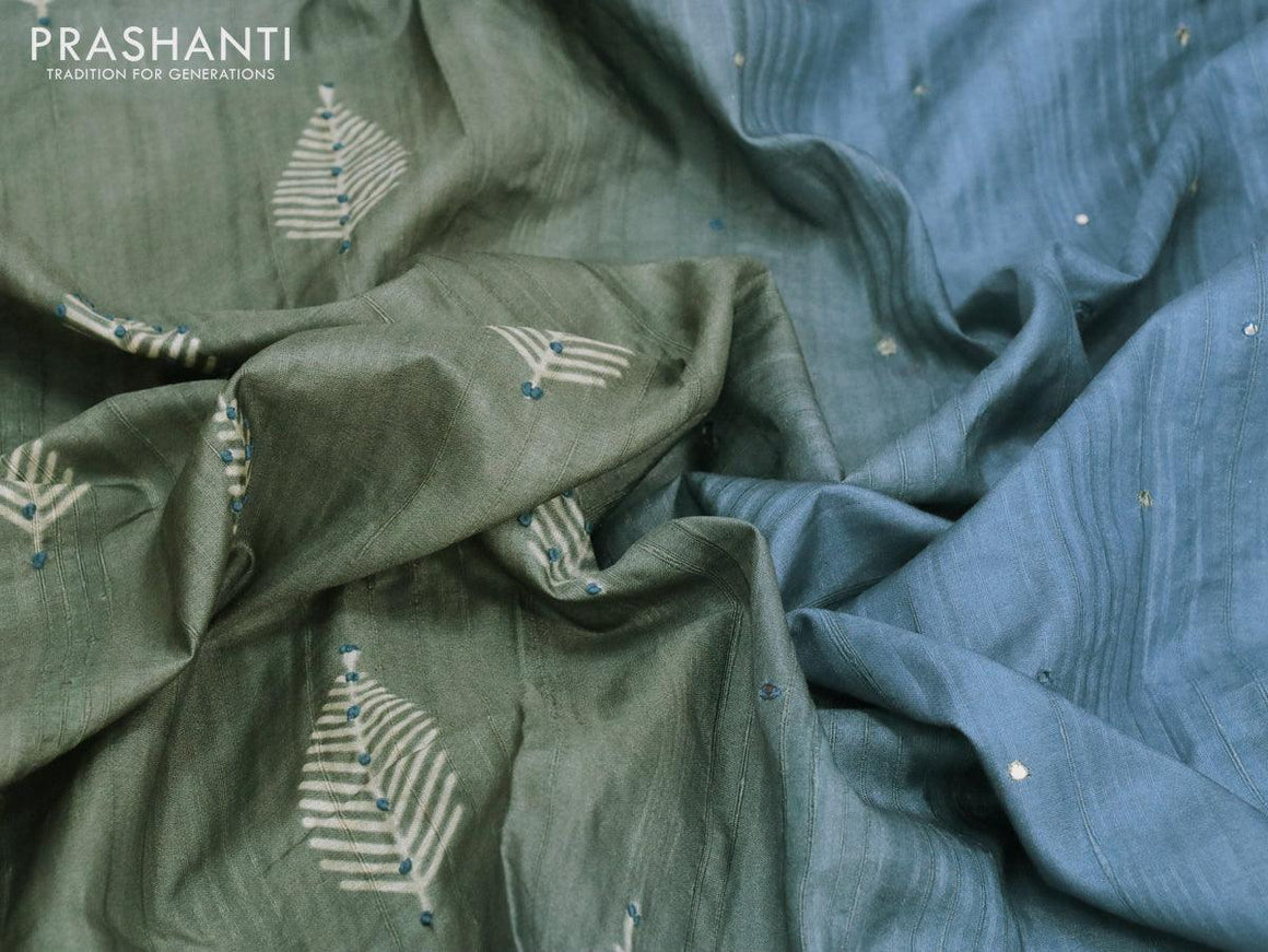 Semi matka saree grey shade and blue with leaf butta prints & french knot work and zari woven border - {{ collection.title }} by Prashanti Sarees