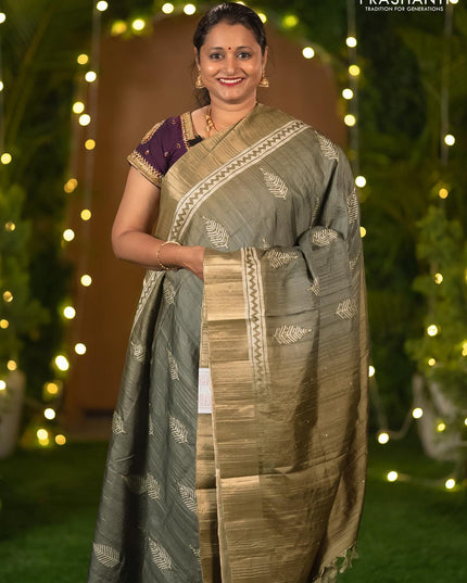 Semi matka saree grey shade and rust shade with leaf butta prints & french knot work and zari woven border - {{ collection.title }} by Prashanti Sarees