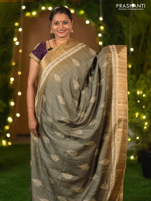 Semi matka saree grey shade and rust shade with leaf butta prints & french knot work and zari woven border - {{ collection.title }} by Prashanti Sarees