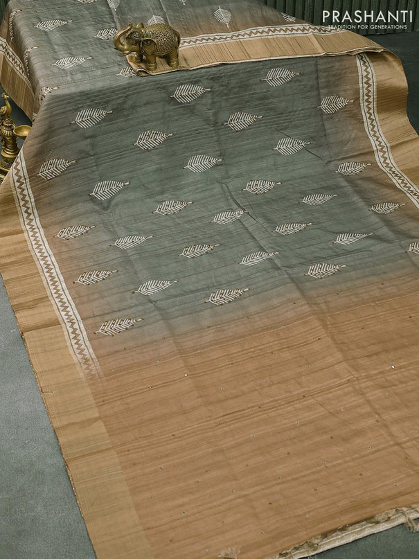 Semi matka saree grey shade and rust shade with leaf butta prints & french knot work and zari woven border - {{ collection.title }} by Prashanti Sarees