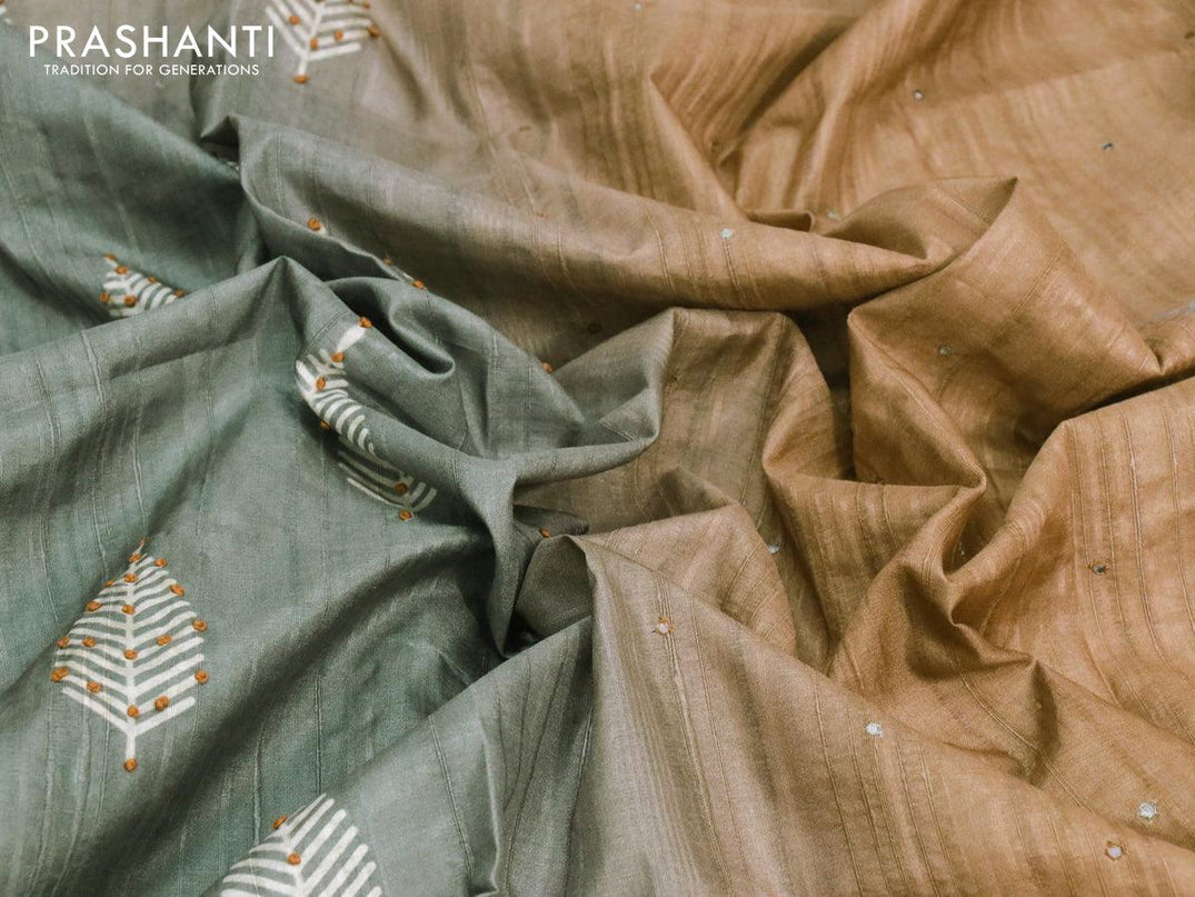 Semi matka saree grey shade and rust shade with leaf butta prints & french knot work and zari woven border - {{ collection.title }} by Prashanti Sarees