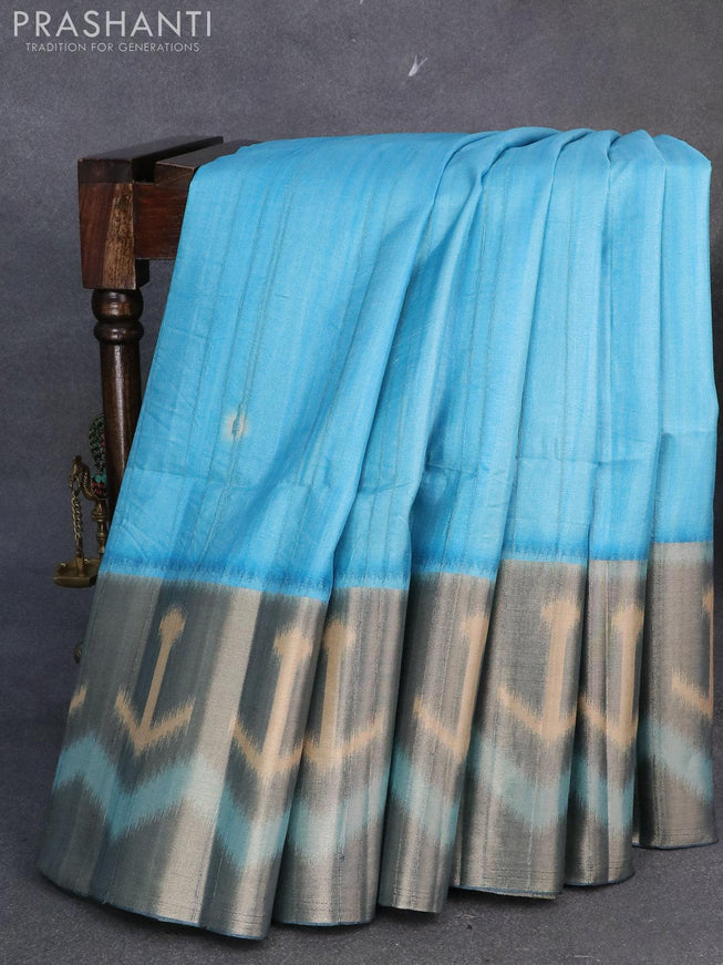 Semi matka saree light blue with plain body and zari woven ikat style border - {{ collection.title }} by Prashanti Sarees