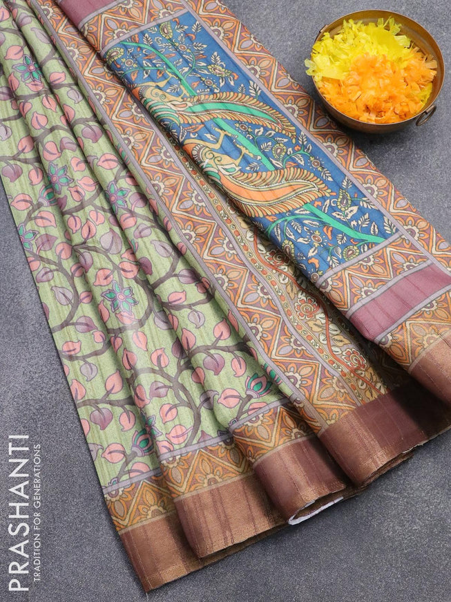 Semi matka saree light green and brown with allover floral prints and zari woven border - {{ collection.title }} by Prashanti Sarees