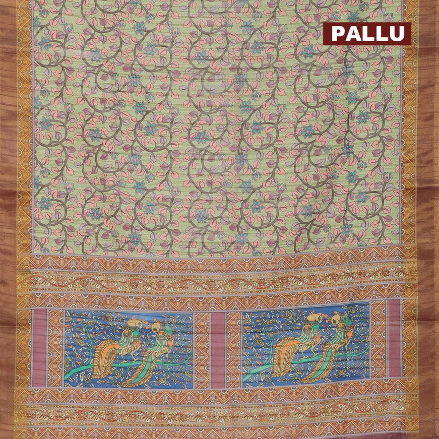 Semi matka saree light green and brown with allover floral prints and zari woven border - {{ collection.title }} by Prashanti Sarees