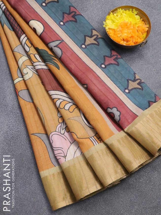 Semi matka saree mustard shade and grey with allover kalamkari prints and zari woven border - {{ collection.title }} by Prashanti Sarees