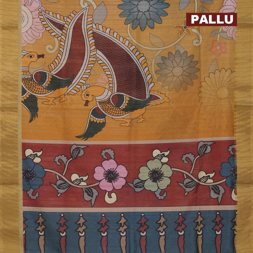 Semi matka saree mustard shade and grey with allover kalamkari prints and zari woven border - {{ collection.title }} by Prashanti Sarees