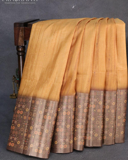 Semi matka saree mustard yellow and coffee brown with plain body and zari woven ikat style border - {{ collection.title }} by Prashanti Sarees