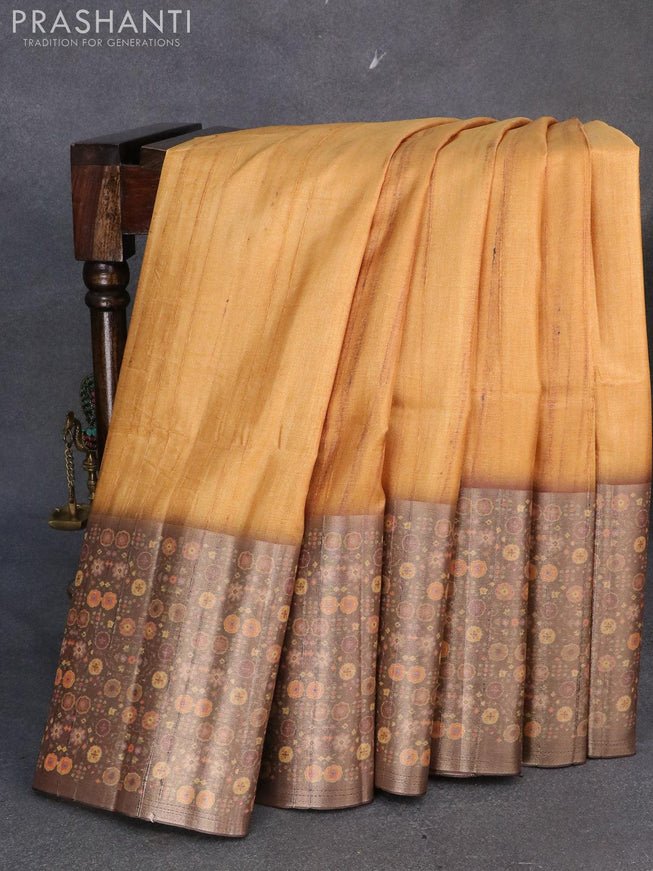 Semi matka saree mustard yellow and coffee brown with plain body and zari woven ikat style border - {{ collection.title }} by Prashanti Sarees