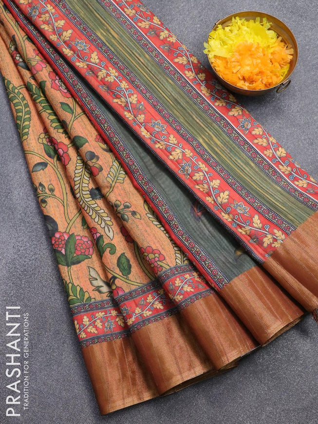 Semi matka saree pale orange with allover kalamkari prints and zari woven border - {{ collection.title }} by Prashanti Sarees