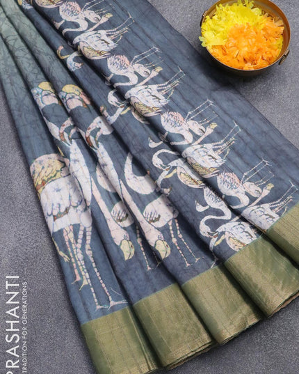 Semi matka saree pastel green and elephant grey with swaan prints and zari woven border - {{ collection.title }} by Prashanti Sarees