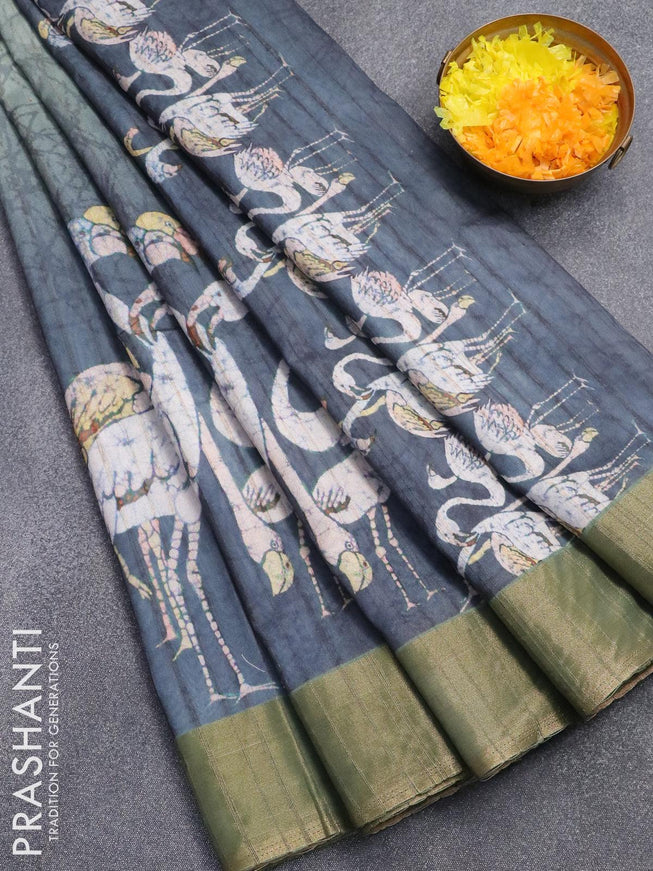 Semi matka saree pastel green and elephant grey with swaan prints and zari woven border - {{ collection.title }} by Prashanti Sarees