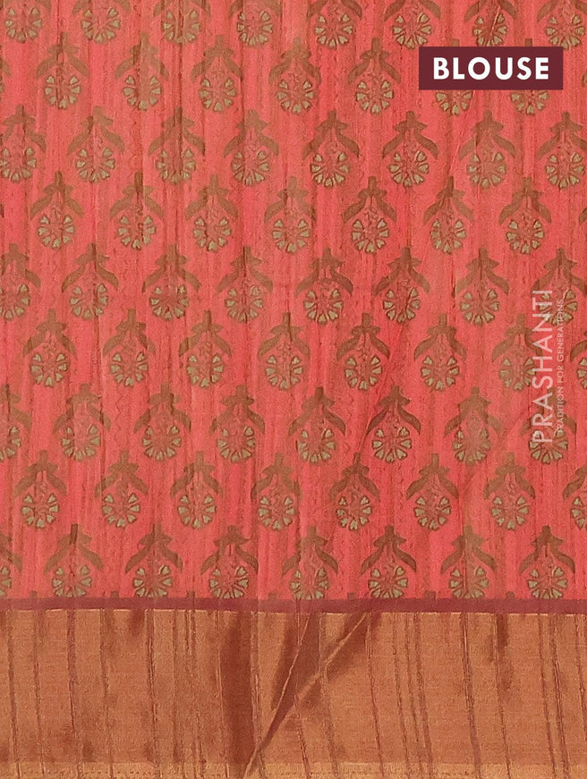 Semi matka saree pastel green and rustic brown with allover kalamkari prints and zari woven border - {{ collection.title }} by Prashanti Sarees