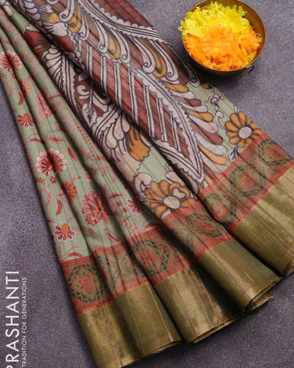Semi matka saree pastel green shade with allover floral prints and zari woven border - {{ collection.title }} by Prashanti Sarees