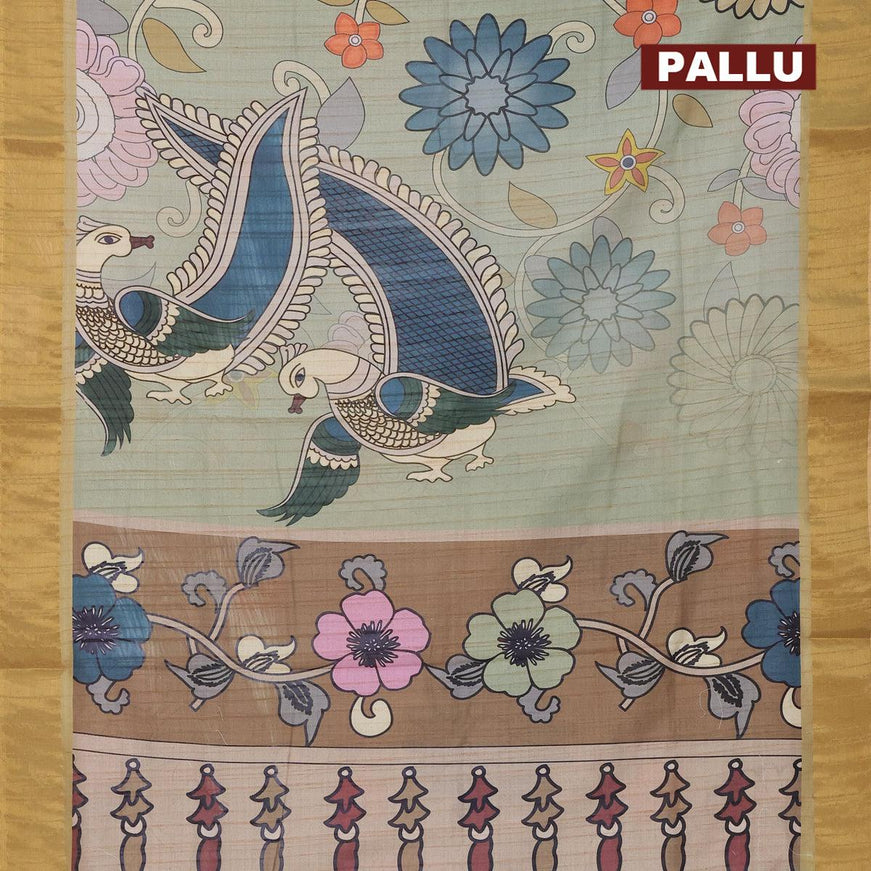 Semi matka saree pastel green with allover kalamkari prints and zari woven border - {{ collection.title }} by Prashanti Sarees
