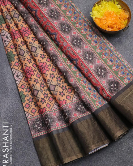 Semi matka saree peach orange and elephant grey with allover ikat prints and zari woven border - {{ collection.title }} by Prashanti Sarees