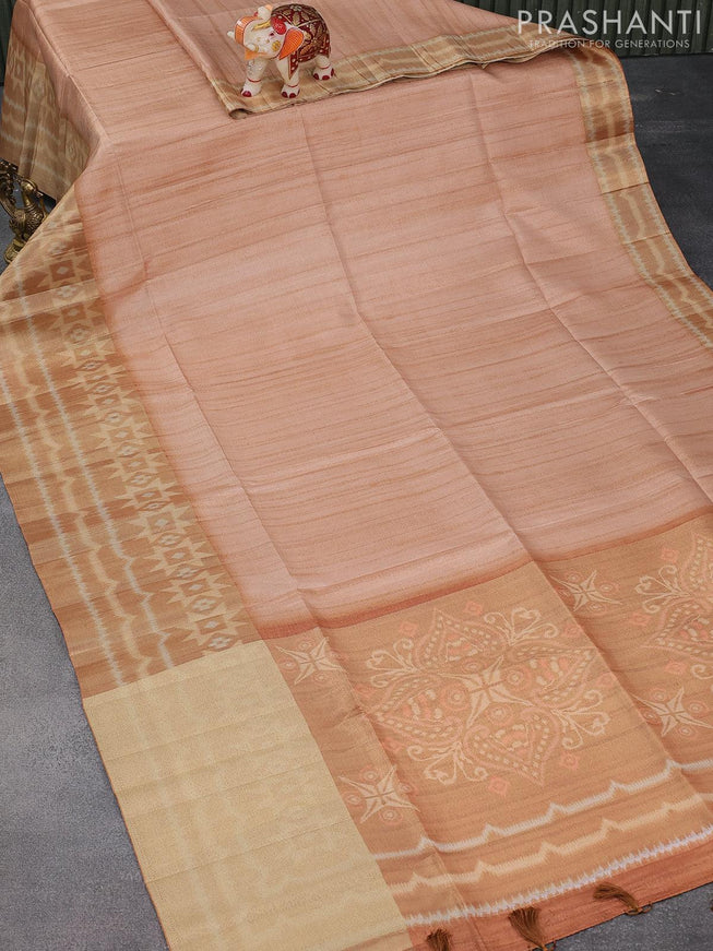 Semi matka saree peach shade and rust shade with plain body and zari woven ikat style border - {{ collection.title }} by Prashanti Sarees